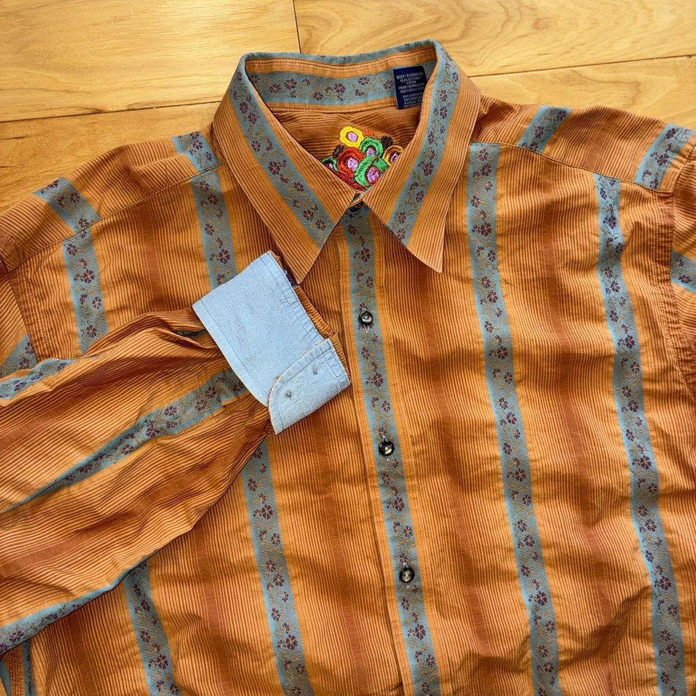 ROBERT GRAHAM Men's Large Striped Silk Cotton Flip Cuff Shirt Blue Orange